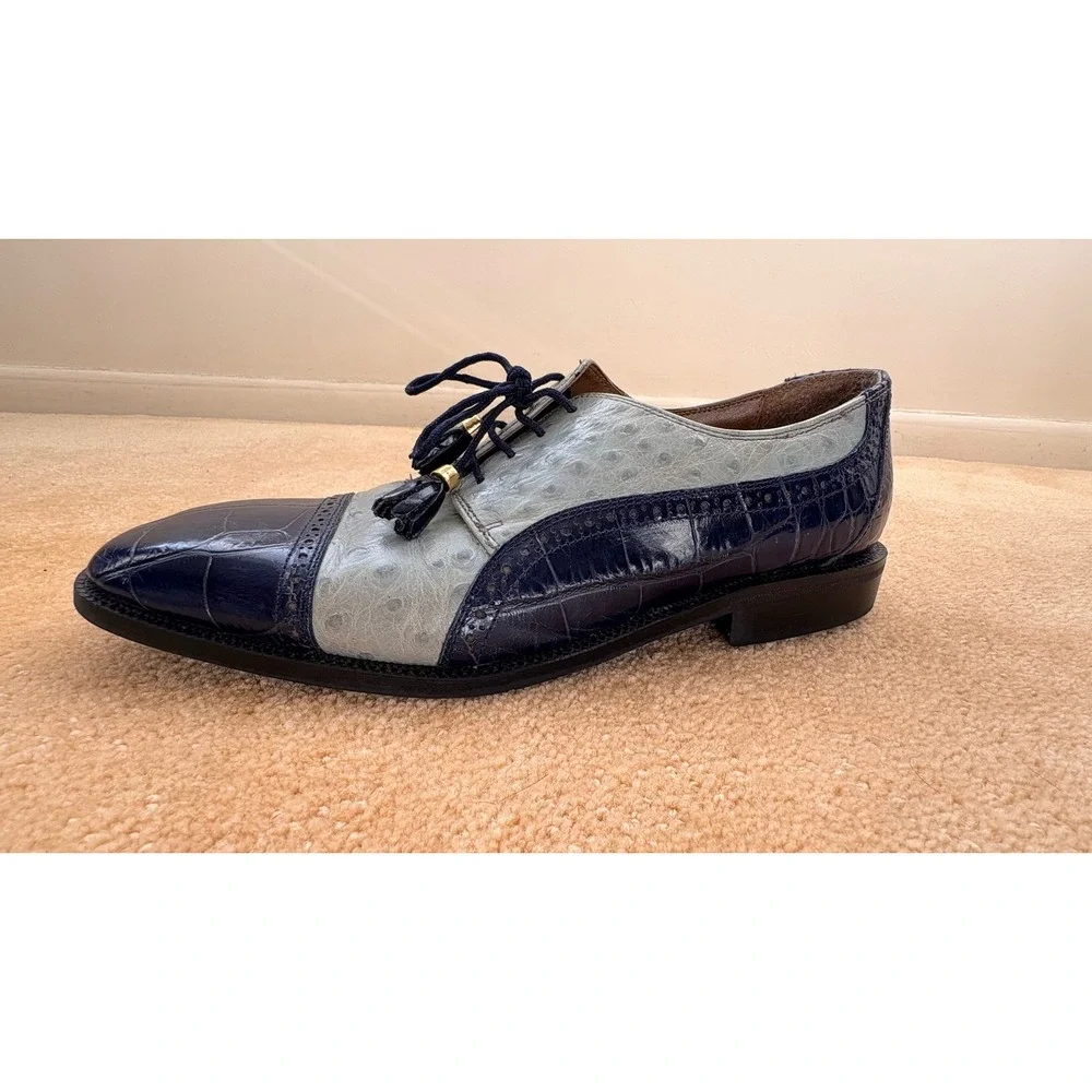VTG Stacy Adams Mens Cap Toe Oxford Shoes Sz 10M Blue Ostrich Alligator Embossed